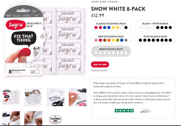 Sugru ha integrato le recensioni sulla pagina dei prodotti usando la fiducia come riprova sociale. Sugru, recensioni, Trustpilot