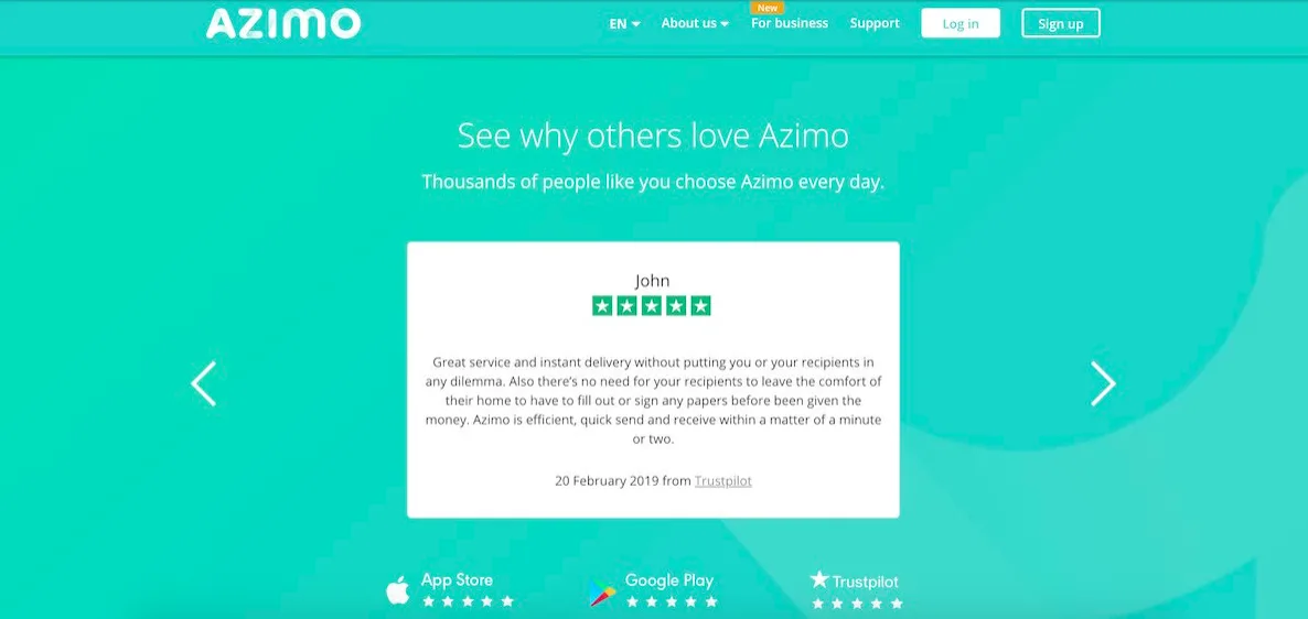 Trustpilot auf der Website von Azimo