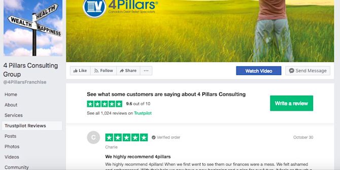 Screenshot of the 4 Pillars Facebook page showing the Trustpilot integration 4 Pillars Facebook page with Trustpilot integration