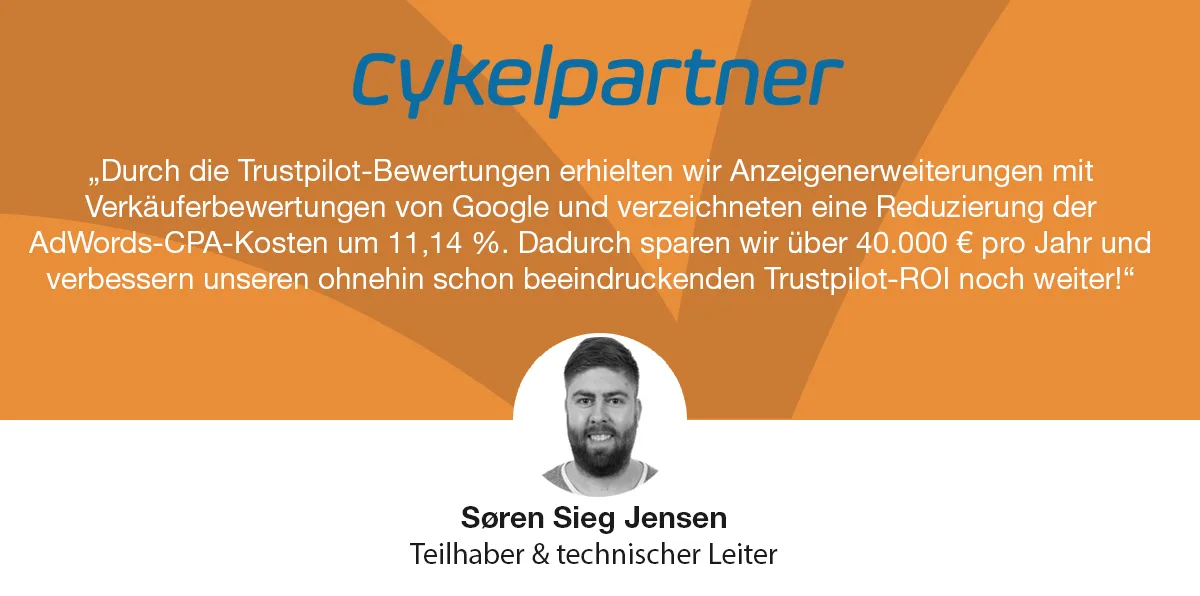 Durch die Trustpilot-Bewertungen erhielten wir Google-Verkäuferbewertungen und verzeichneten eine Reduzierung der AdWords-CPA-Kosten um 11,14 Prozent. So sparen wir über 40.000 € pro Jahr und verbessern unseren Trustpilot-ROI noch weiter.