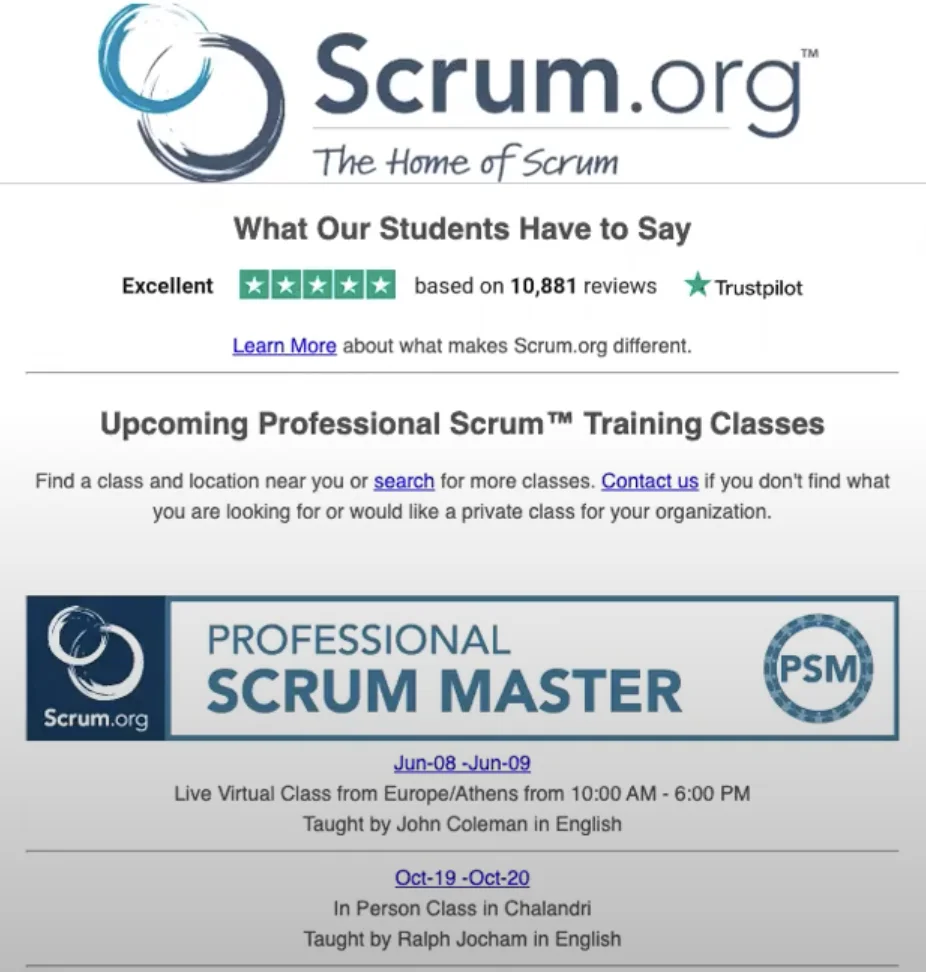An example of a Scrum.org email marketing campaign containing the company’s TrustScore