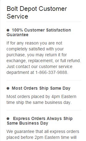 Bolt Depot's Customer Service statement Bolt Depot Customer Service