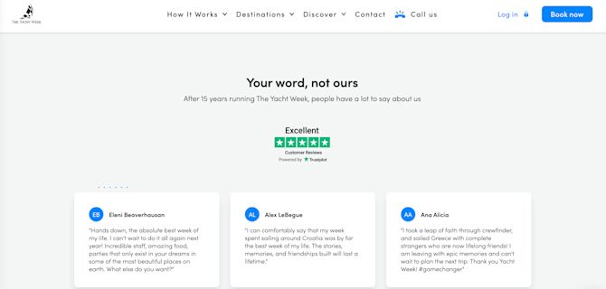 The Yacht Week home page with Trustpilot reviews The Yacht Week home page displaying Trustpilot reviews with a Trustbox carousel