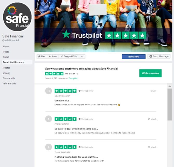 Use of Trustpilot reviews integration on the Facebook page of Safe Financial Safe Financial facebook integration Trustpilot reviews