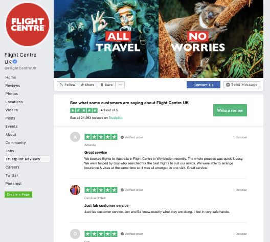 Flight Centre Trustpilot reviews on Facebook