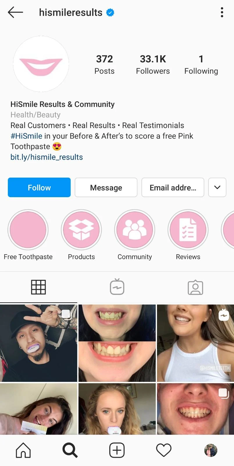 Social Proof durch Kundenbeispiele auf dem Instagram-Konto von HiSmile