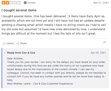 Review of Cox & Cox including reply from company: I bought several items (2 stars)