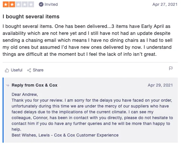 Review of Cox & Cox including reply from company: I bought several items (2 stars)