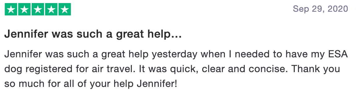 Review of US Service Animals: Jennifer was such a great help... (5 stars)