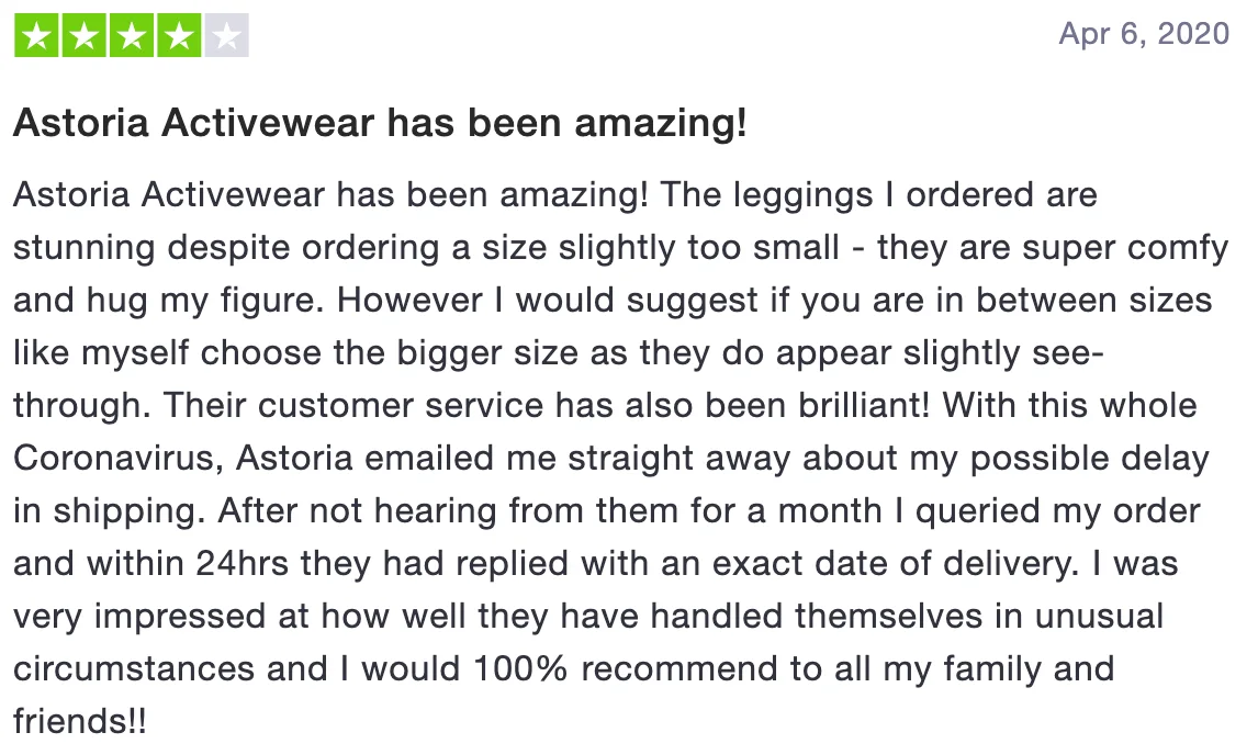 Review of Astoria Activewear: Astoria Activewear has been amazing! (4 stars)