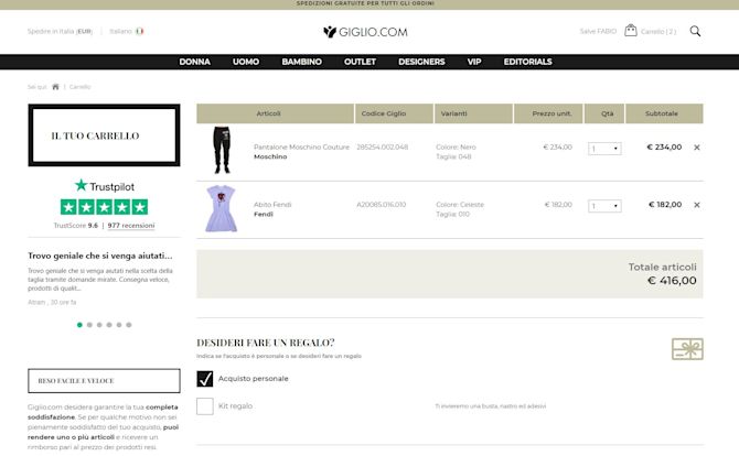 The TrustBox in Giglio's shopping cart web page Screenshot of Giglio's shopping cart web page including a few articles