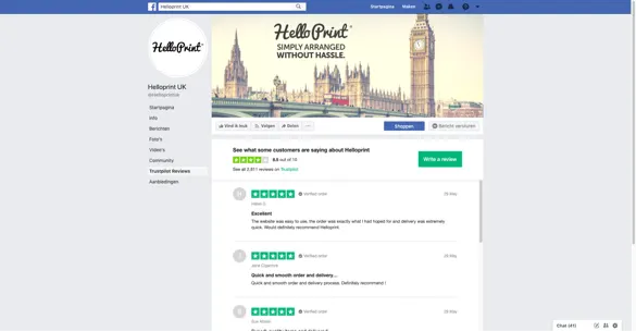 Image of HelloPrint's Facebook profile page, showcasing Trustpilot's reviews