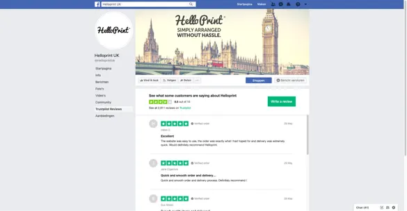 Immagine della pagina Facebook di Helloprint che mostra le recensioni di Trustpilot