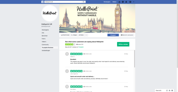 Screenshot der Facebook-Seite von Helloprint mit Trustpilot-Bewertungen