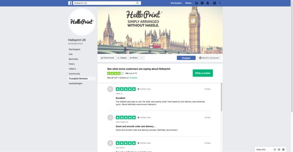 La condivisione sui social di Helloprint Immagine della pagina Facebook di Helloprint che mostra le recensioni di Trustpilot