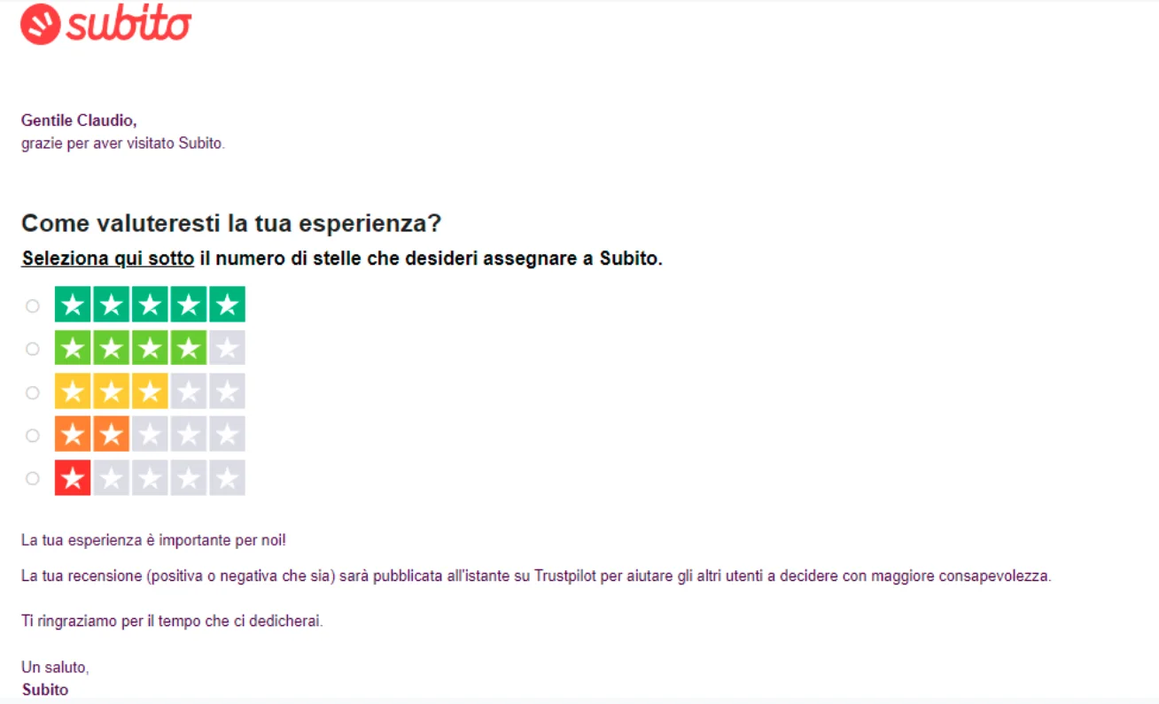 Example of Subito's personalized review invitation
