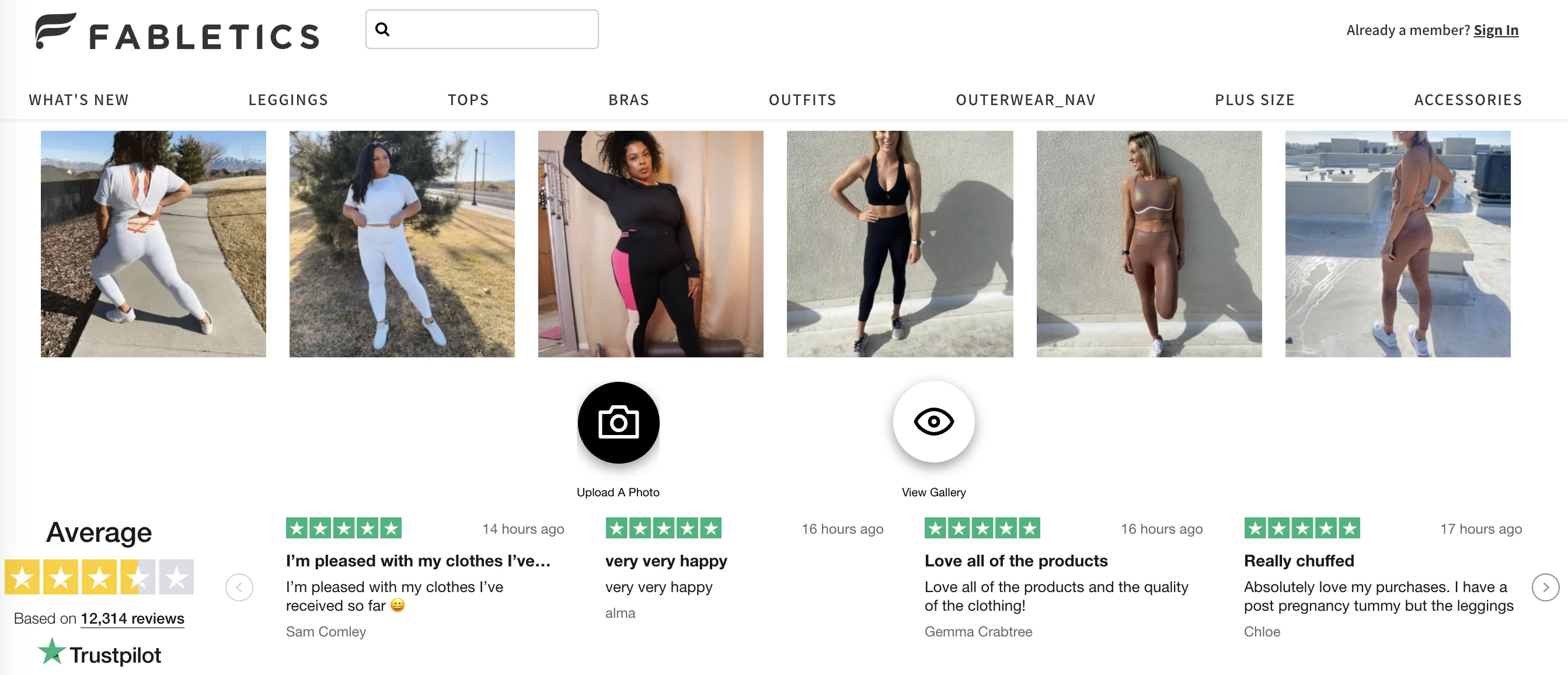 Screenshot of Fabletics page showcasing its credibility with user-generated photos and Trustpilot reviews