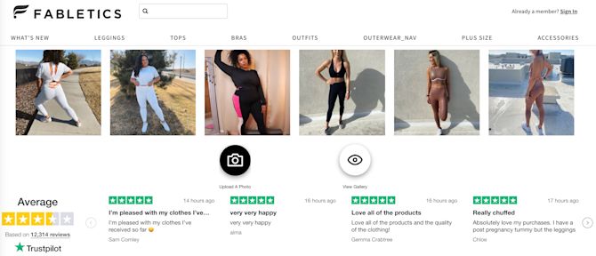 Screenshot of Fabletics page showcasing its credibility with user-generated photos and Trustpilot reviews Screenshot of Fabletics page showcasing its credibility with user-generated photos and Trustpilot reviews