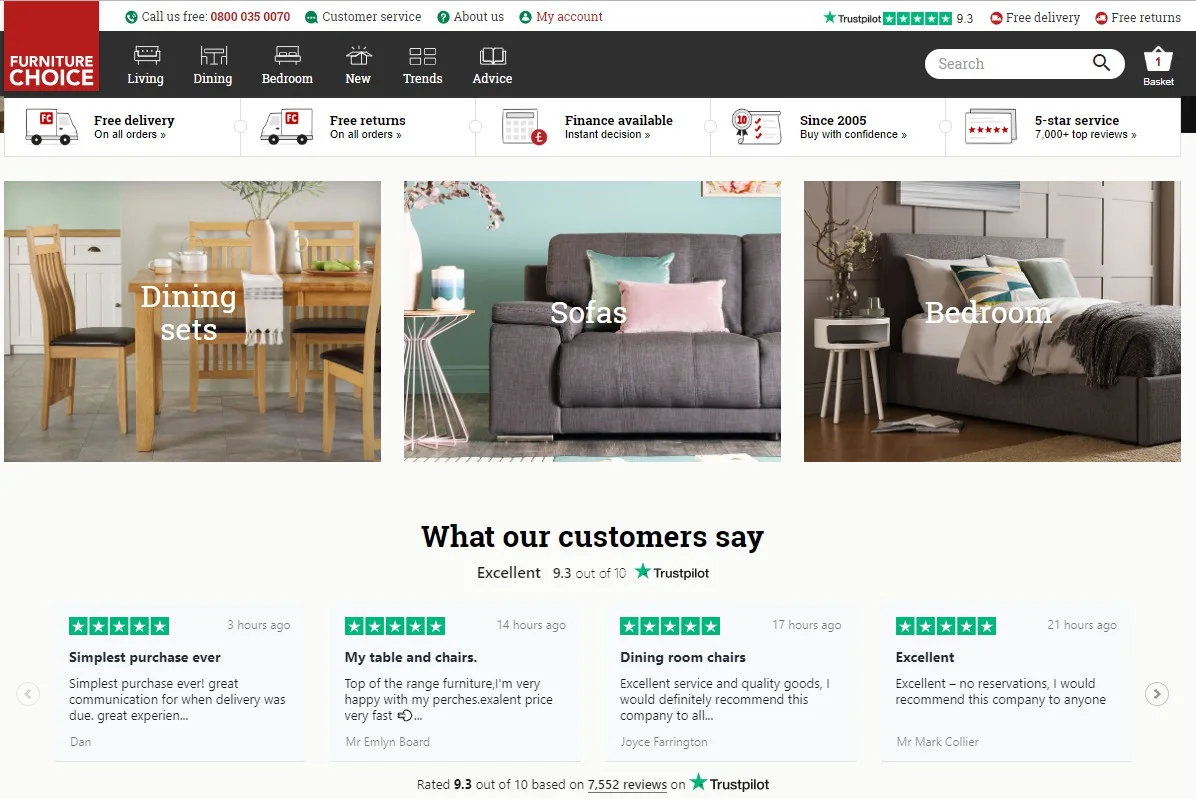 Startseite der Website von Furniture Choice