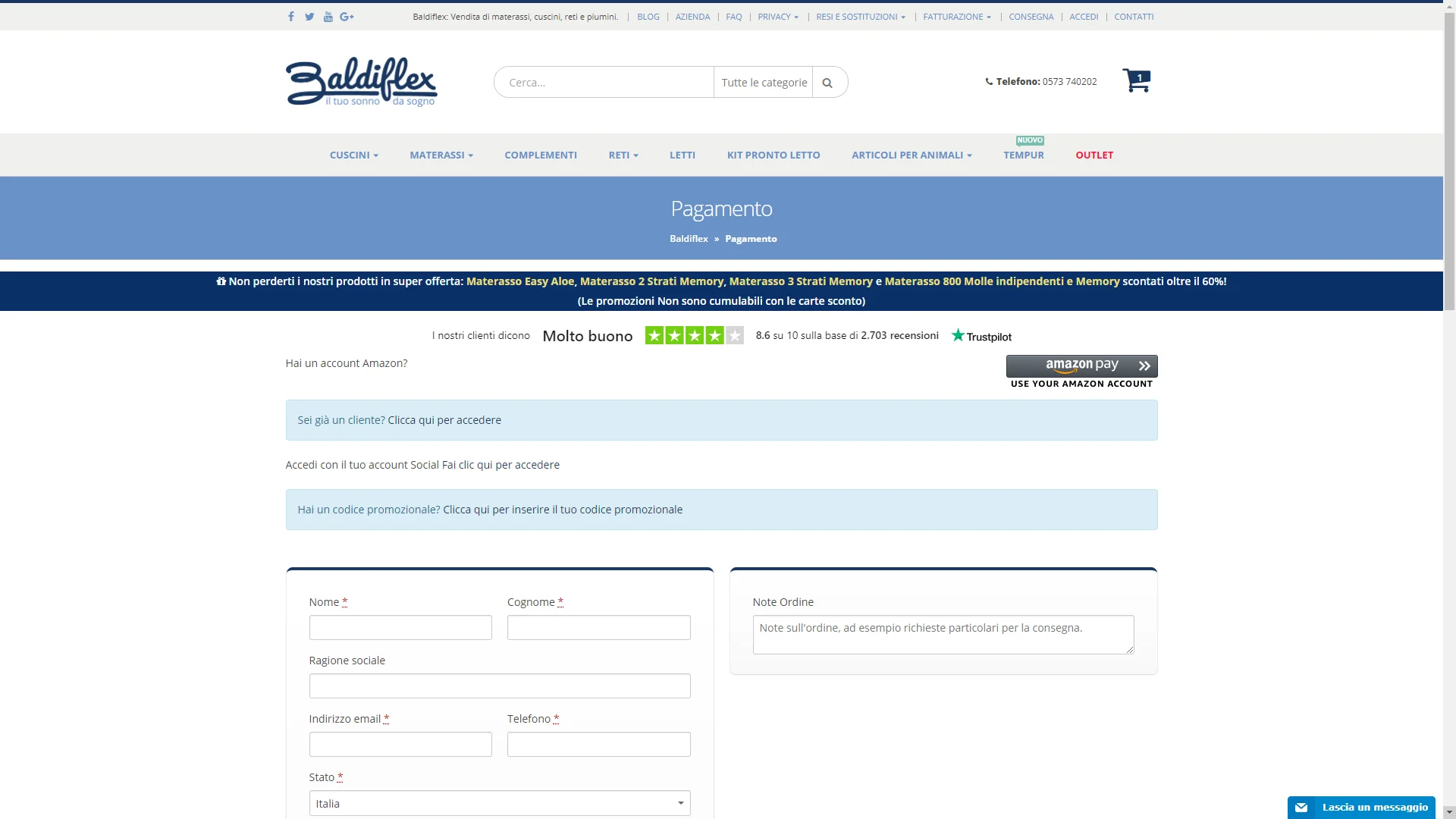 screenshot della pagina del pagamento del sito di Baldiflex