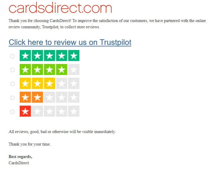 CardsDirect Trustpilot Review Invitation