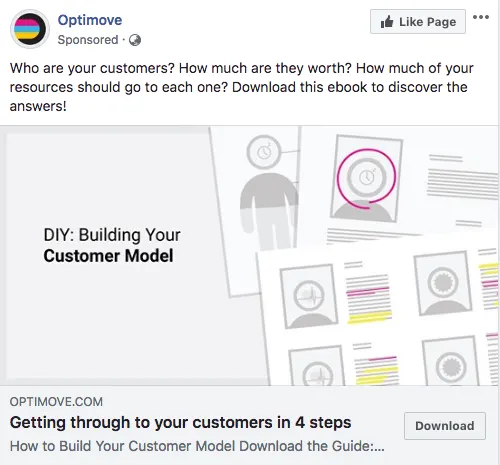 Le landing page di Optimove negli annunci su Facebook