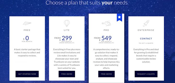 Display of Trustpilot's different plans and pricing options Trustpilot pricing and plans