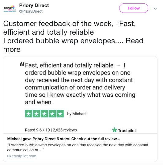 Priory direct uses twitter to share reviews Screenshot 2019-02-12 at 15.20.35