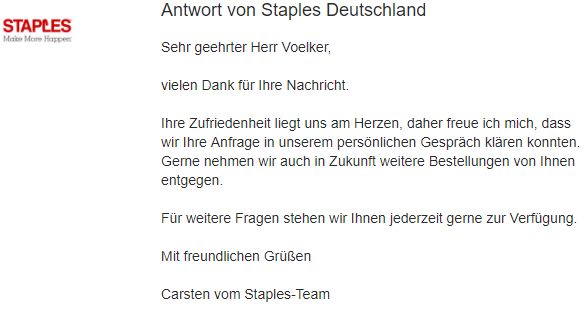 Antwort von Staples Antwort von Staples