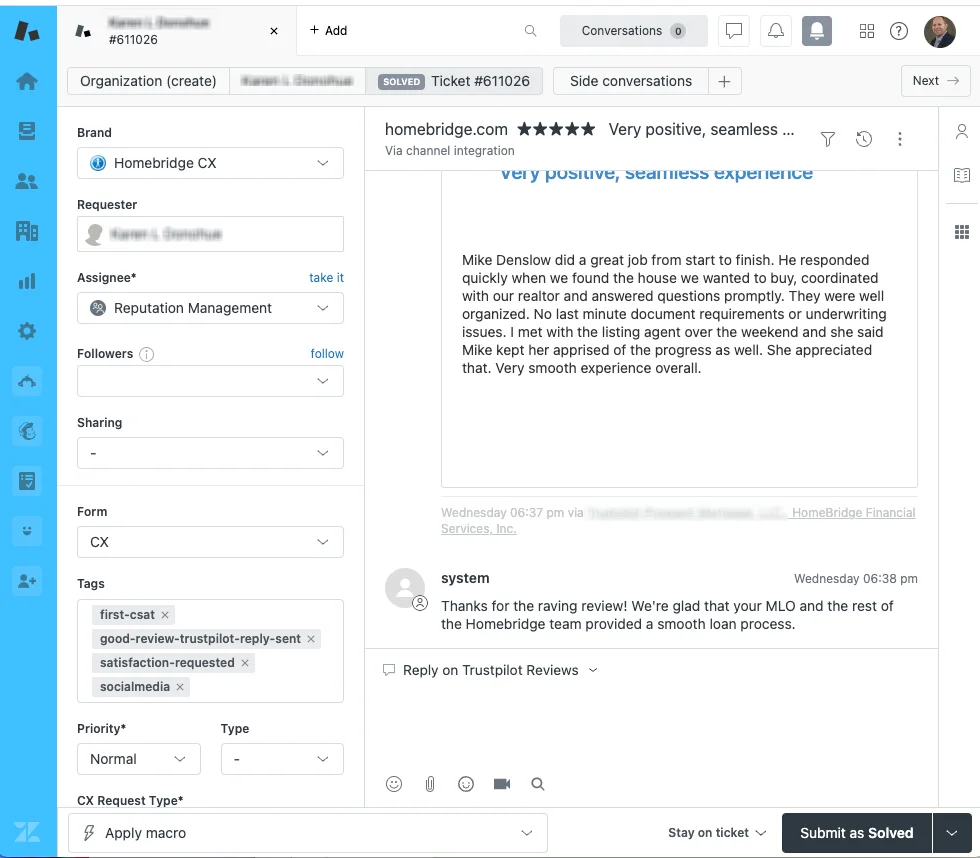 Example of how a Trustpilot review can be managed within the Zendesk Channel Integration