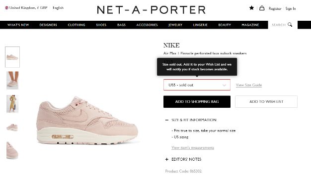 "Taglia esaurita. Aggiungila alla tua lista dei desideri e ti invieremo una notifica non appena sarà disponibile" Net a porter, lista dei desideri