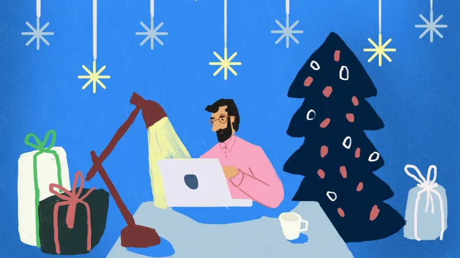 Illustration eines Kunden, der seine Weihnachtseinkäufe per Onlineshopping erledigt
