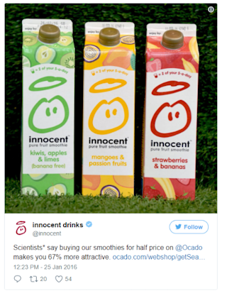 Esempio di divertente post sui social dell'azienda Innocent Drinks social media, tono di voce, CTR
