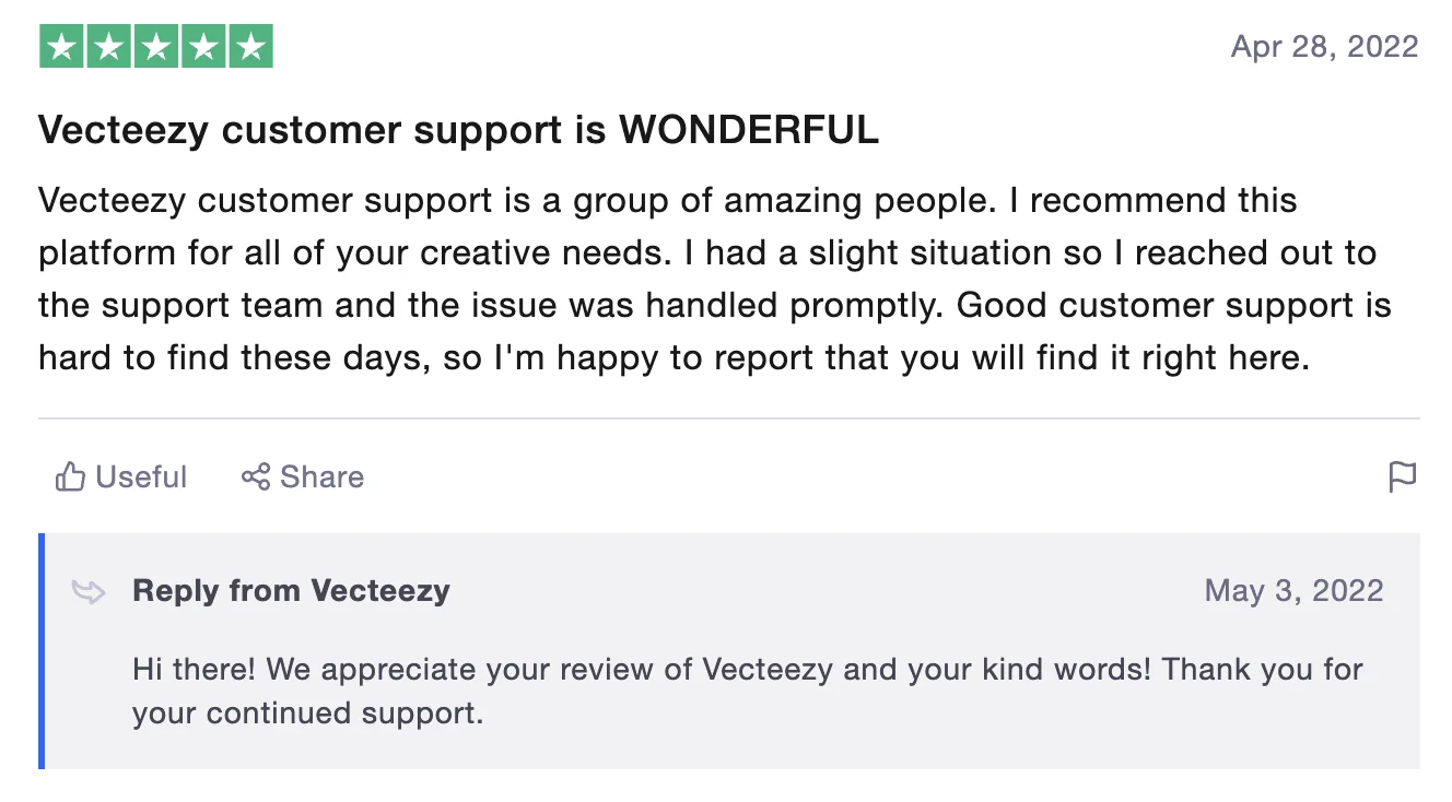The customer service team responds to as many reviews as possible, even positive ones.