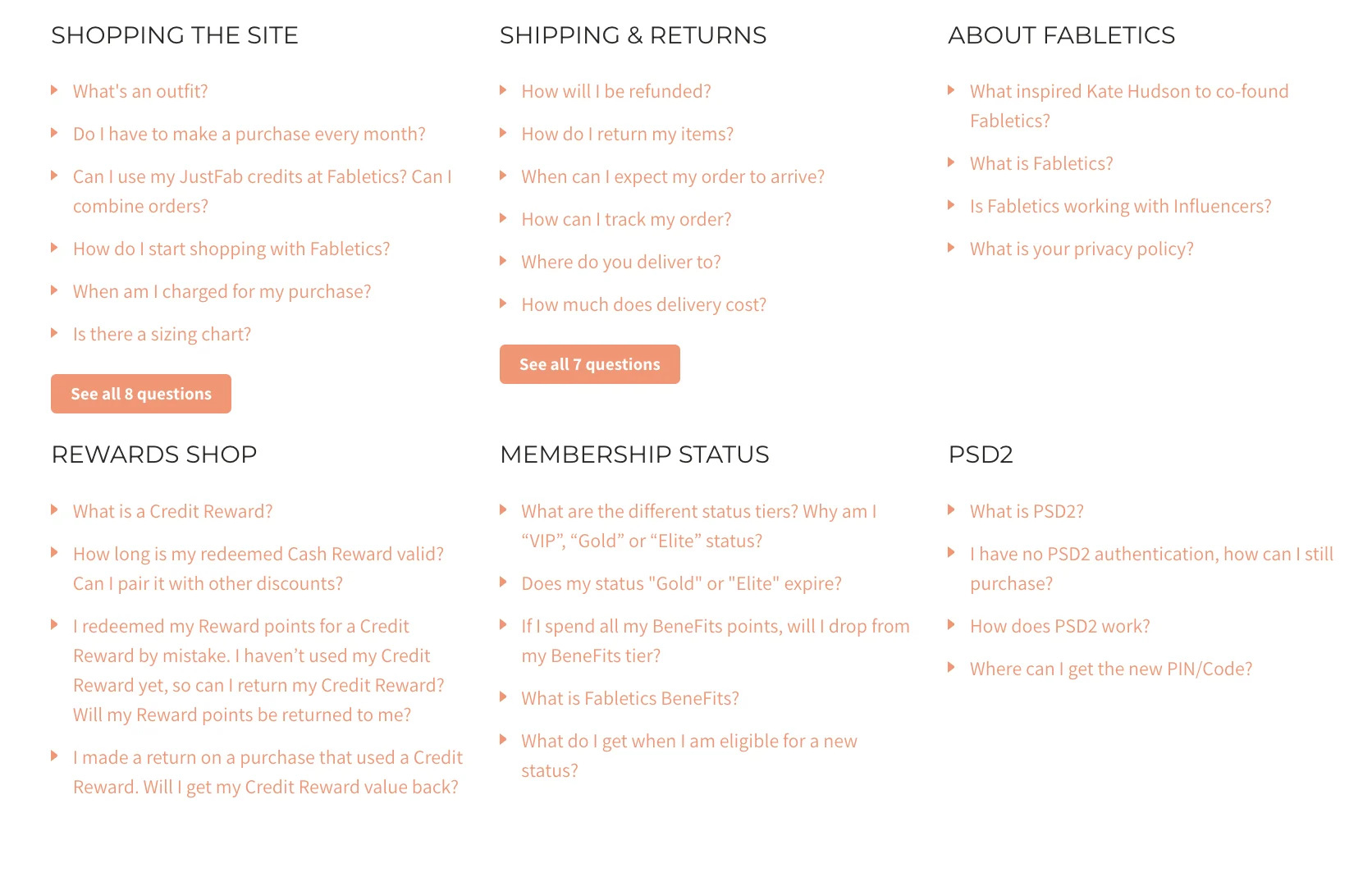 Fabletics organise their FAQ page by category