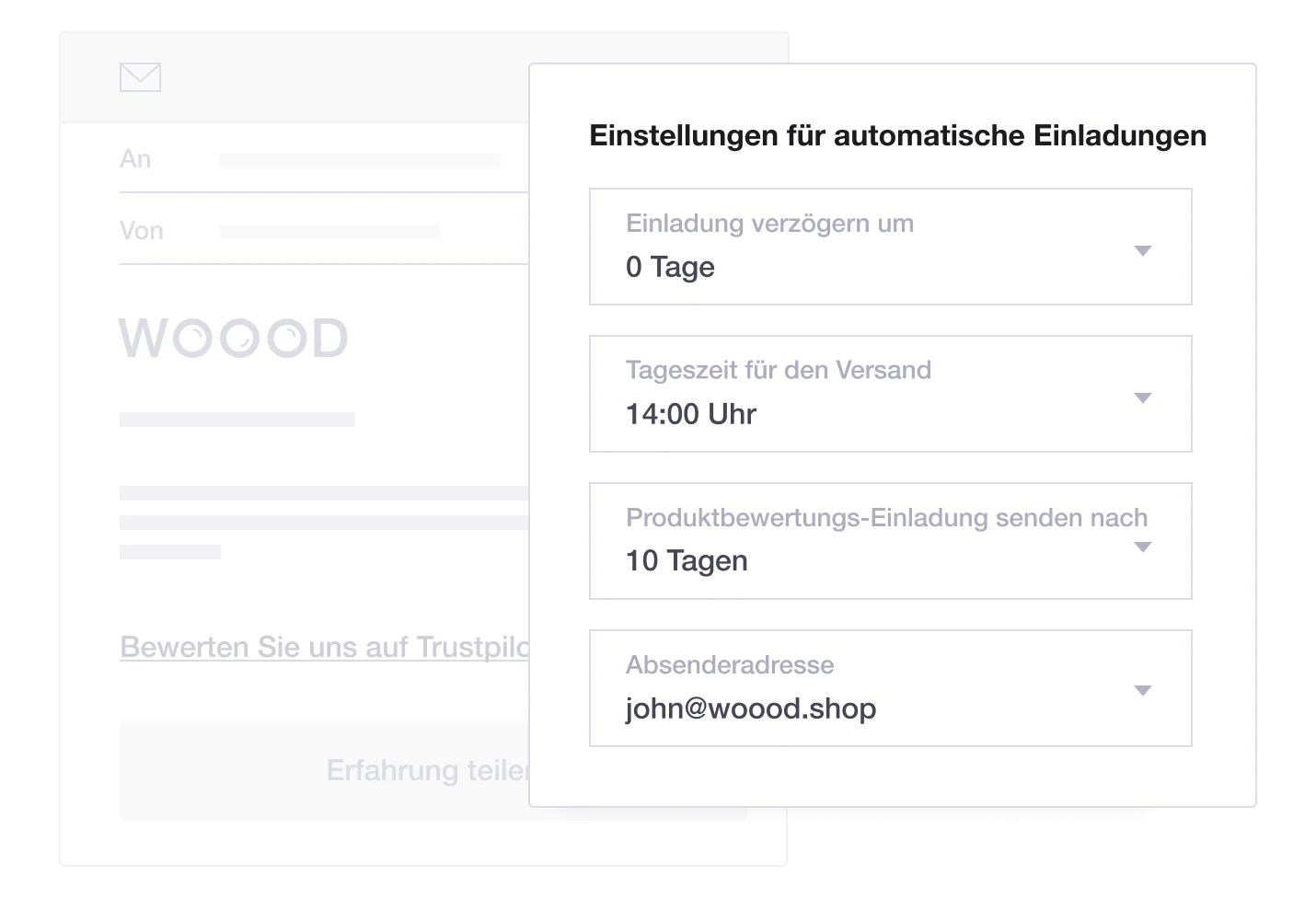 Product illustration of Trustpilot's Automatic Feedback Service feature, including automatic invitation settings DE - Automatic Feedback Service