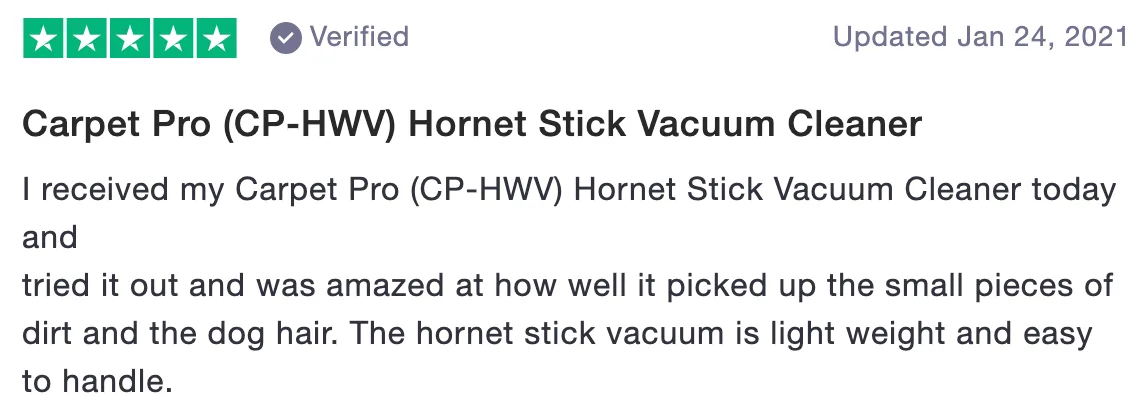 Review of Vacuum Cleaner Market.com: Carpet Pro (CP-HWV) Hornet Stick Vacuum Cleaner (5 stars)