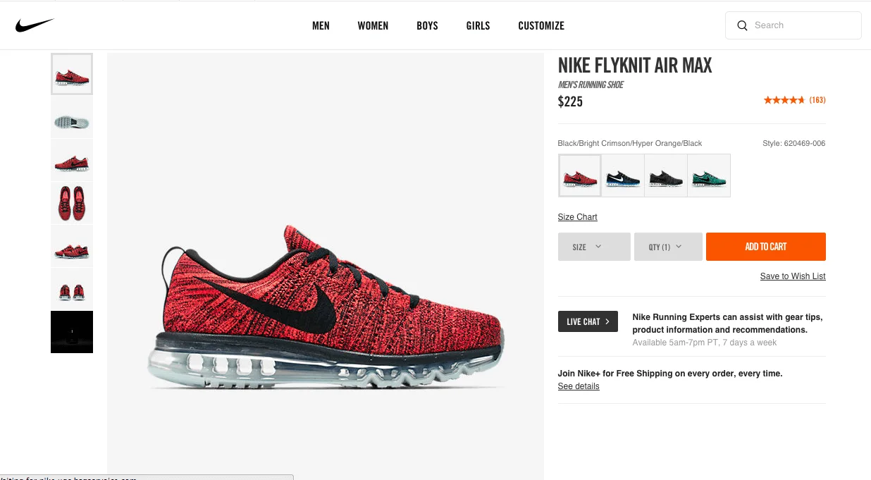 Nike Store offer a live chat function right on their product page