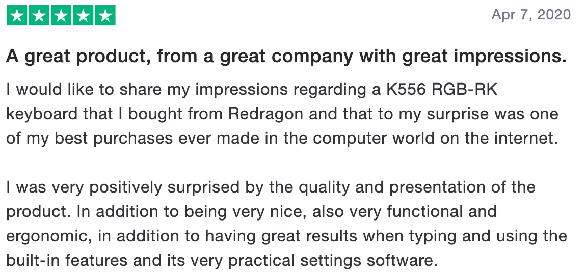 Review of Redragonshop: A great product, from a great company with great impressions (5 stars)