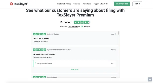 Trustpilot-Bewertungen auf der Website von TaxSlayer