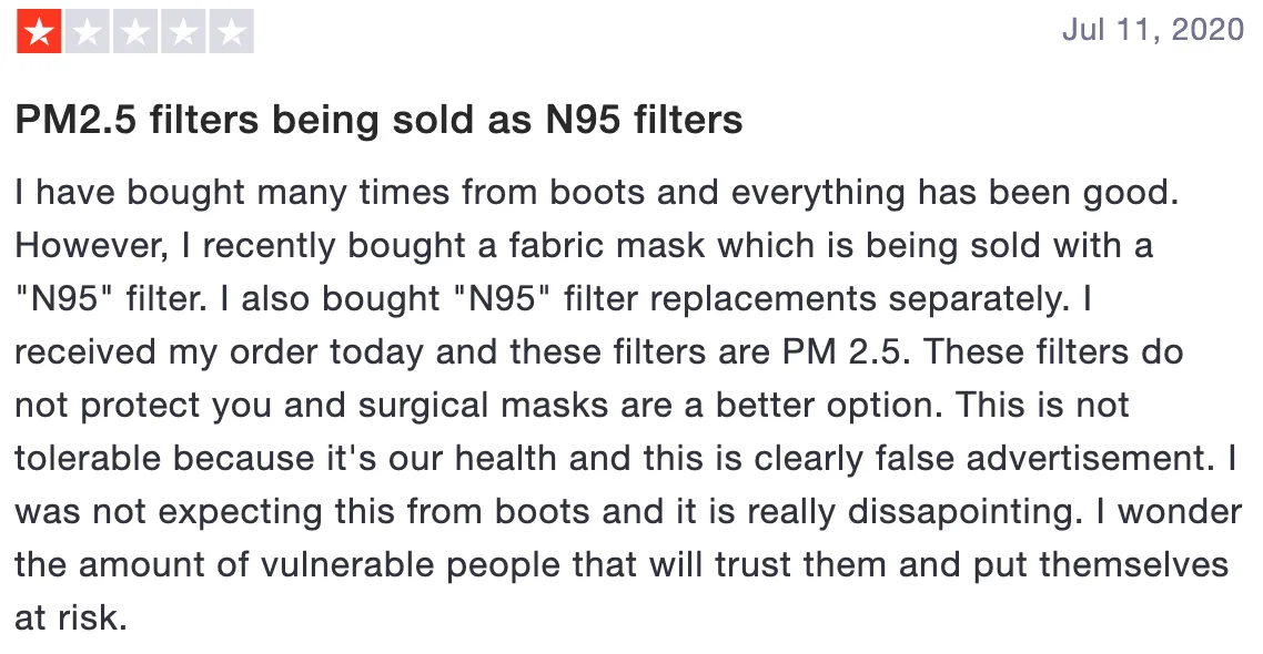 Review of International Boots: PM2.5 filters being sold as N95 filters (1 star)