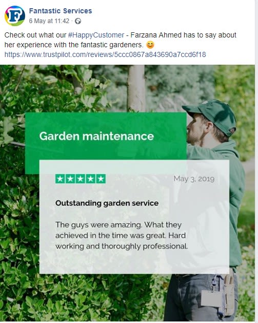 Fantastic services uses social proof in their Facebook post Fantastic services Trustpilot review social