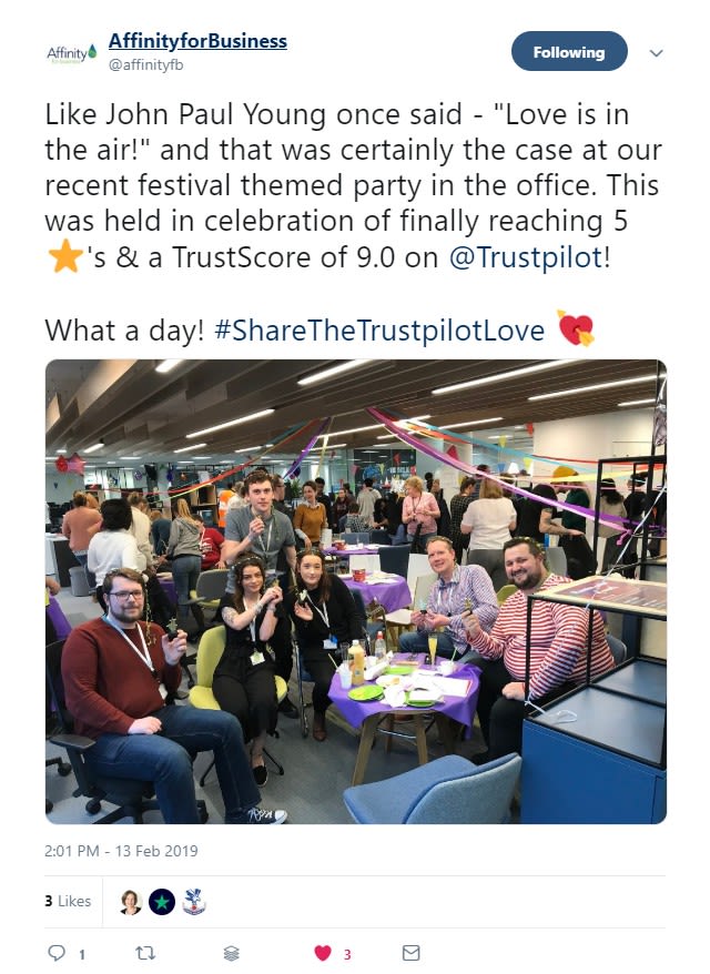 Affinity for Business social post mentioning Trustpilot affinity review