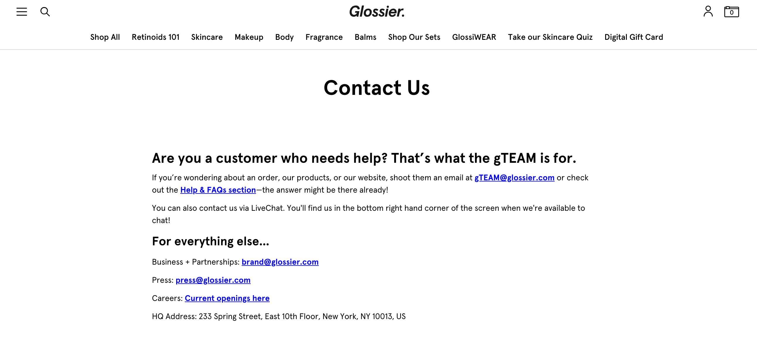 Glossier Contact Page