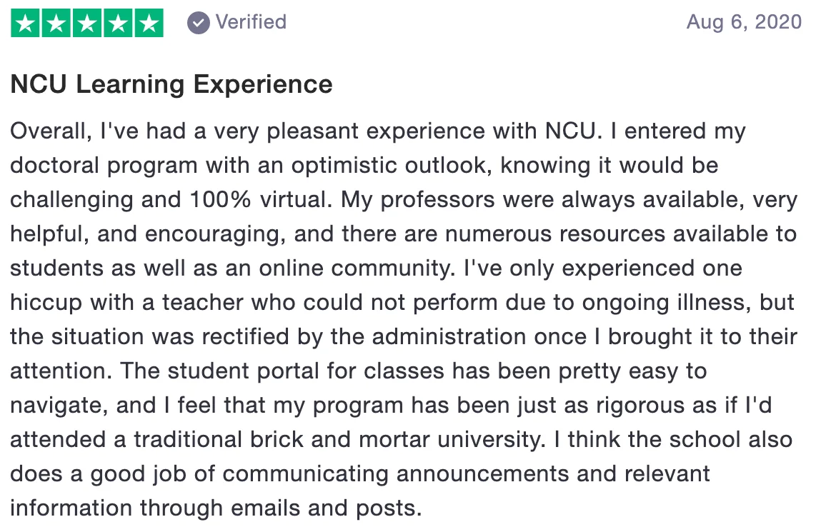 Review of Northcentral University: NCU Learning Experience (5 stars)