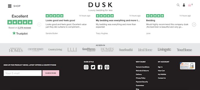 Dusk uses Trustpilot reviews directly on-site