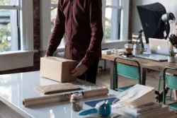 Picture of a man wrapping a box on a table