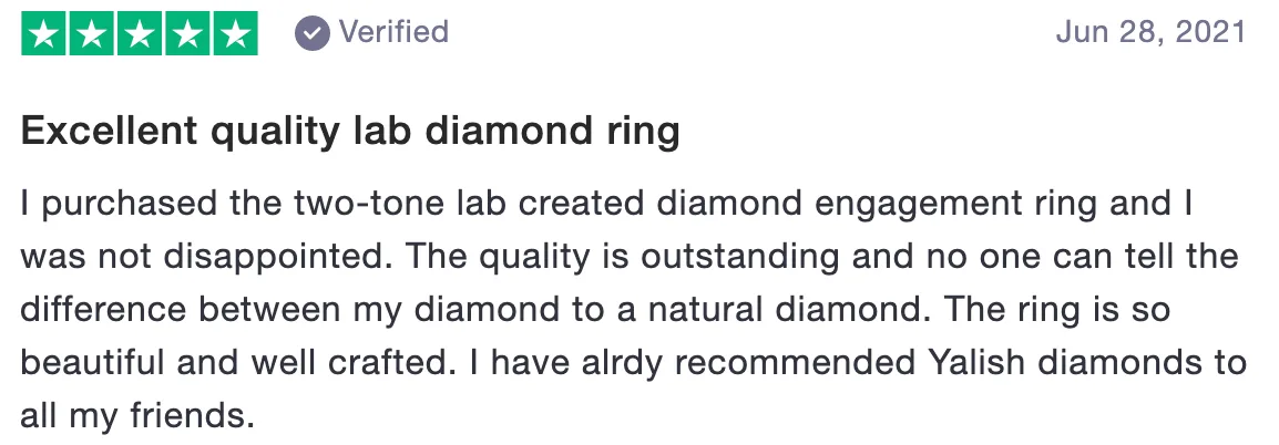 A five star review of Yalish Diamonds on Trustpilot Review of Yalish Diamonds