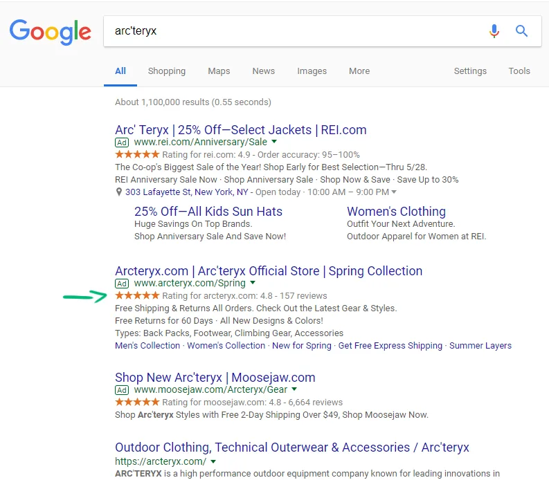 Arc'teryx Google Seller Ratings examples