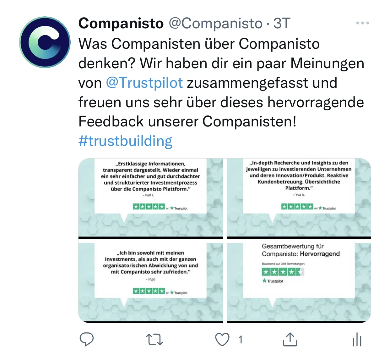 Twitter-Post von Companisto mit Kundenbewertungen